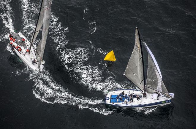 CHARISMA (MON) and BARKING MAD (USA) rounding the offset mark - 2013 Rolex Farr 40 World Championship ©  Rolex/Daniel Forster http://www.regattanews.com